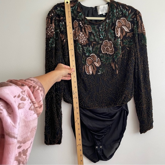 Elegant Vintage beaded bodysuit embellished unique 80s silk floral sequin event - Picture 11 of 16